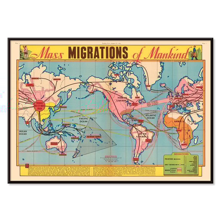 Colorful world map illustrating the mass migration of mankind Mass Migration of Mankind World Map. Poster featuring a detailed world map titled Mass Migrations of Mankind illustrating historical human migration routes.