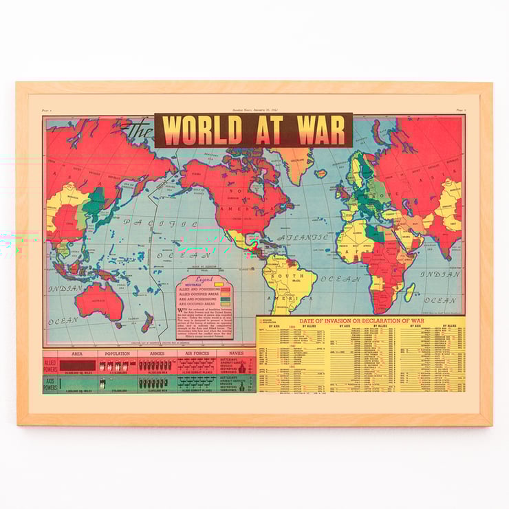 World at War World Map artwork depicting global alliances and conflicts during WWII. Poster titled World at War World Map depicting global conflict zones with vibrant colors marking allied and axis territories.