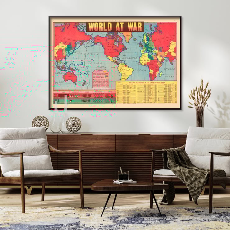 World at War World Map artwork depicting global alliances and conflicts during WWII. Poster titled World at War World Map depicting global conflict zones with vibrant colors marking allied and axis territories.