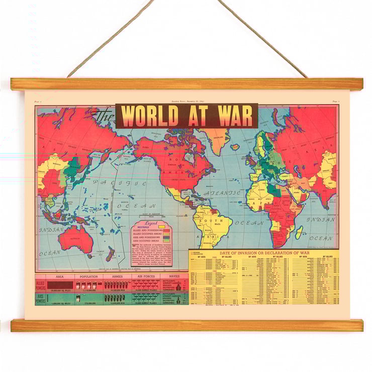 World at War World Map artwork depicting global alliances and conflicts during WWII. Poster titled World at War World Map depicting global conflict zones with vibrant colors marking allied and axis territories.
