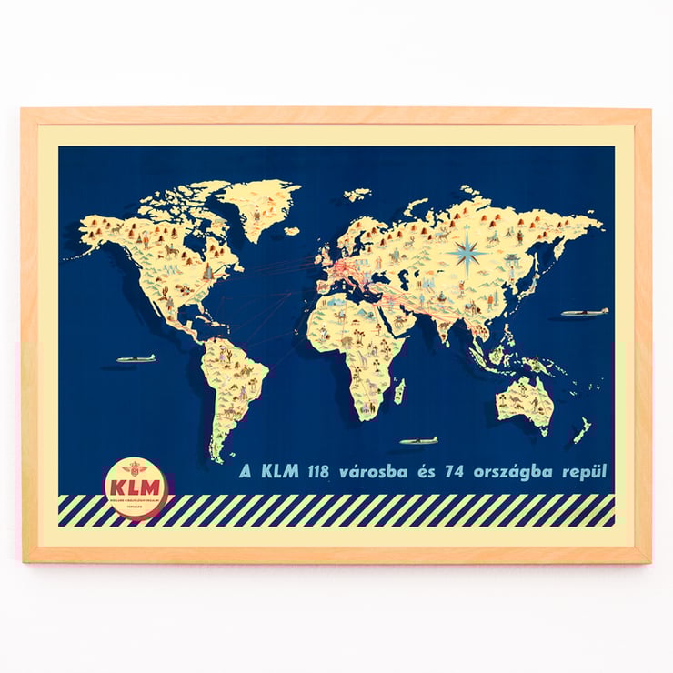 KLM World Map vintage airline route artwork. Poster of a vintage world map illustrating KLM flight routes with artistic details KLM World Map.