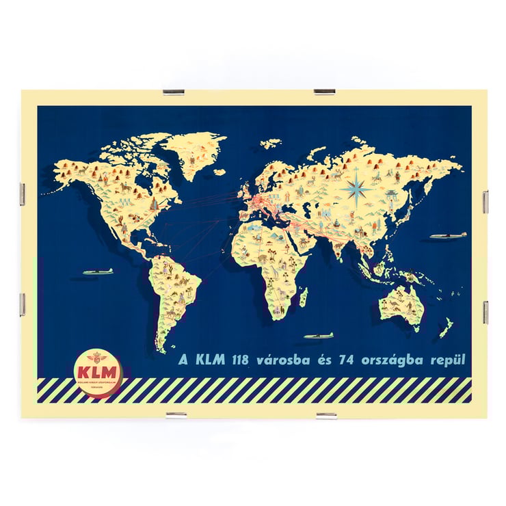 KLM World Map vintage airline route artwork. Poster of a vintage world map illustrating KLM flight routes with artistic details KLM World Map.