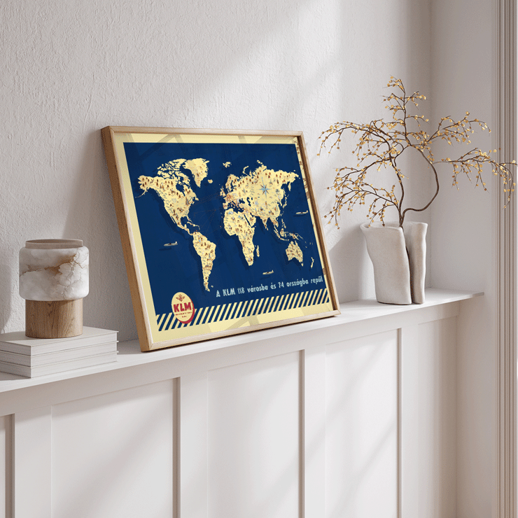 KLM World Map vintage airline route artwork. Poster of a vintage world map illustrating KLM flight routes with artistic details KLM World Map.