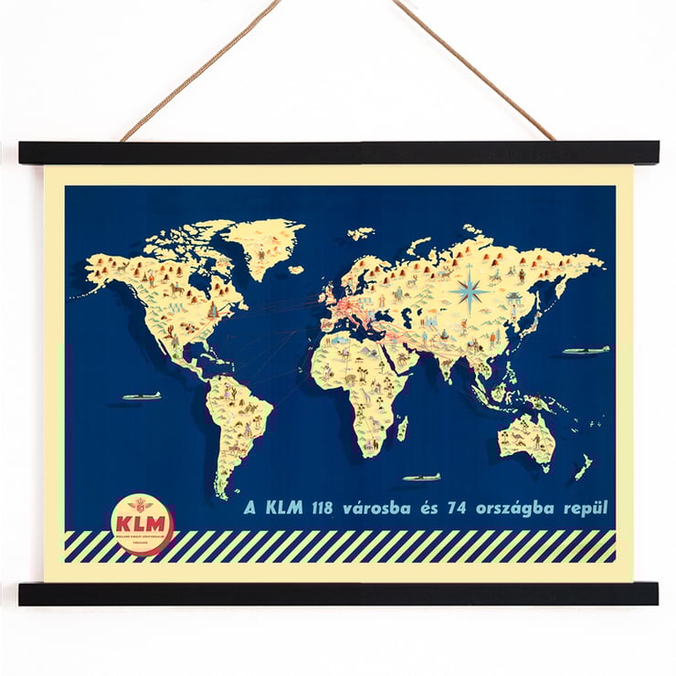 KLM World Map vintage airline route artwork. Poster of a vintage world map illustrating KLM flight routes with artistic details KLM World Map.