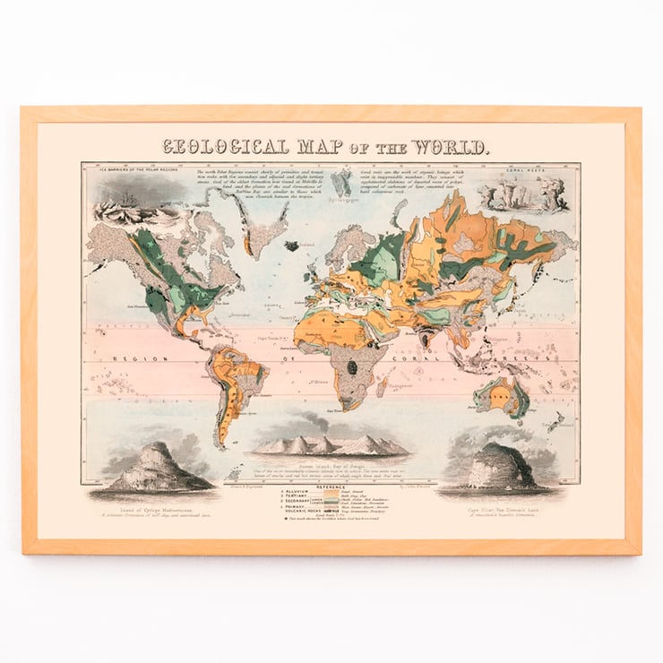 Mappa geologica del mondo di James Reynolds raffigurante regioni colorate e note Poster con la mappa geologica del mondo di James Reynolds con regioni colorate che rappresentano diverse formazioni geologiche