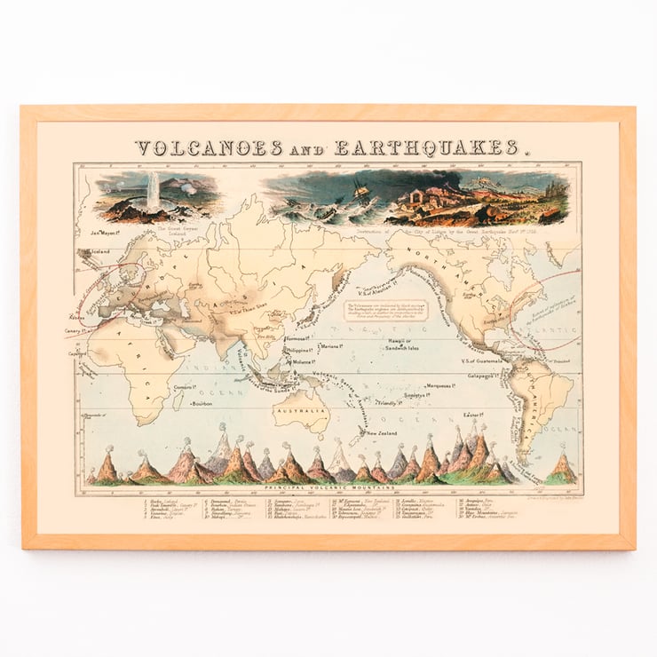 Map illustration of volcanic and earthquake zones by James Reynolds titled Phenomena of Volcanoes and Earthquakes Poster of map illustrating volcanoes and earthquakes by James Reynolds titled Phenomena of Volcanoes and Earthquakes.