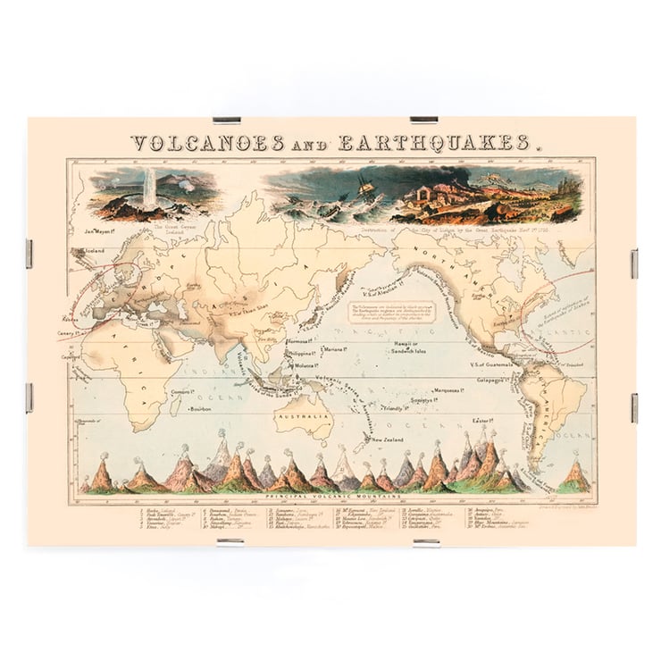 Map illustration of volcanic and earthquake zones by James Reynolds titled Phenomena of Volcanoes and Earthquakes Poster of map illustrating volcanoes and earthquakes by James Reynolds titled Phenomena of Volcanoes and Earthquakes.