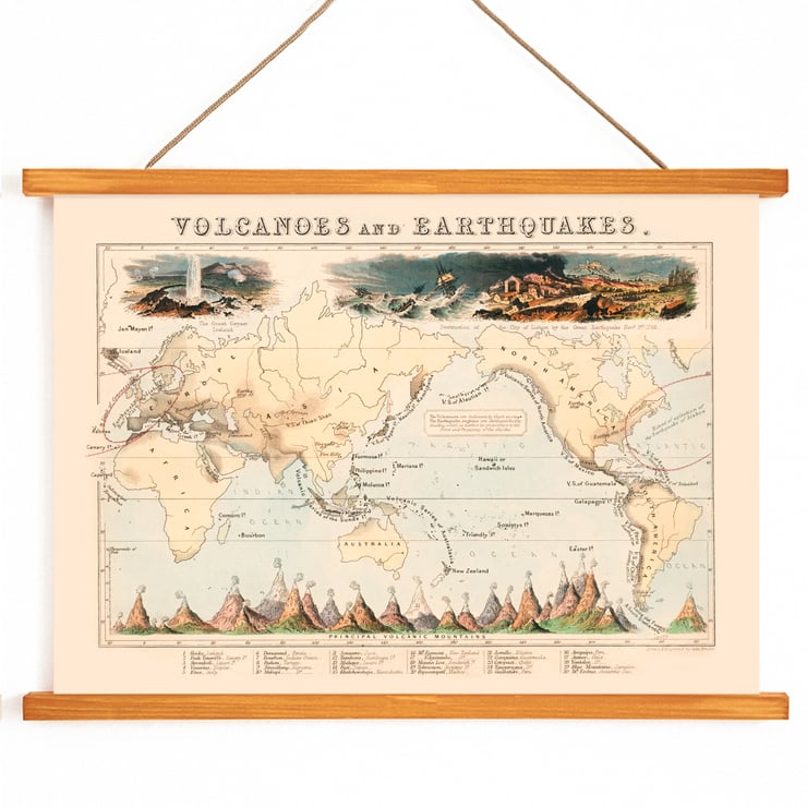 Map illustration of volcanic and earthquake zones by James Reynolds titled Phenomena of Volcanoes and Earthquakes Poster of map illustrating volcanoes and earthquakes by James Reynolds titled Phenomena of Volcanoes and Earthquakes.