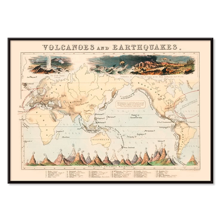 Map illustration of volcanic and earthquake zones by James Reynolds titled Phenomena of Volcanoes and Earthquakes Poster of map illustrating volcanoes and earthquakes by James Reynolds titled Phenomena of Volcanoes and Earthquakes.