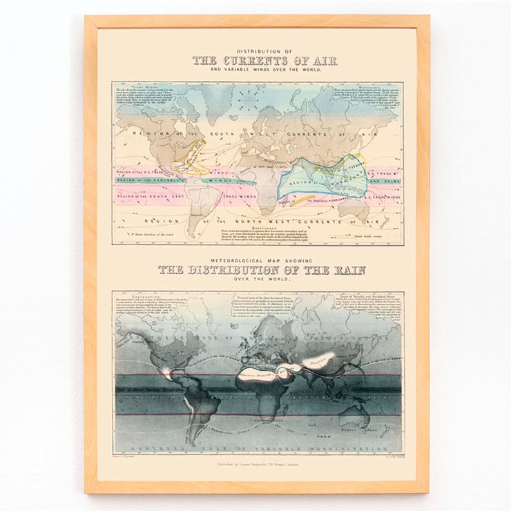 Distribution of the currents of air and variable winds over the world by James Reynolds artwork showing global wind patterns and rainfall distribution maps Poster depicting global air currents and variable winds by James Reynolds entitled Distribution of the currents of air.