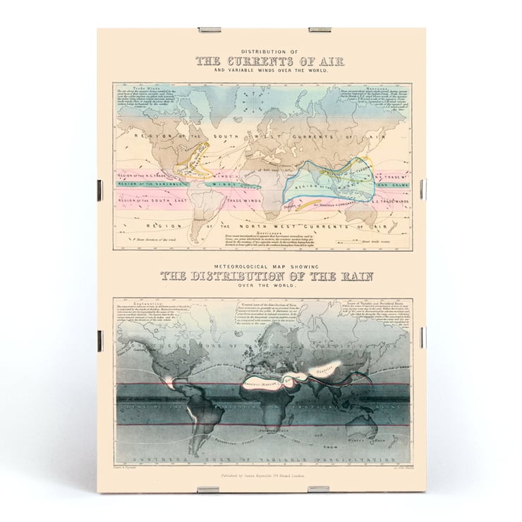 Distribution of the currents of air and variable winds over the world by James Reynolds artwork showing global wind patterns and rainfall distribution maps Poster depicting global air currents and variable winds by James Reynolds entitled Distribution of the currents of air.
