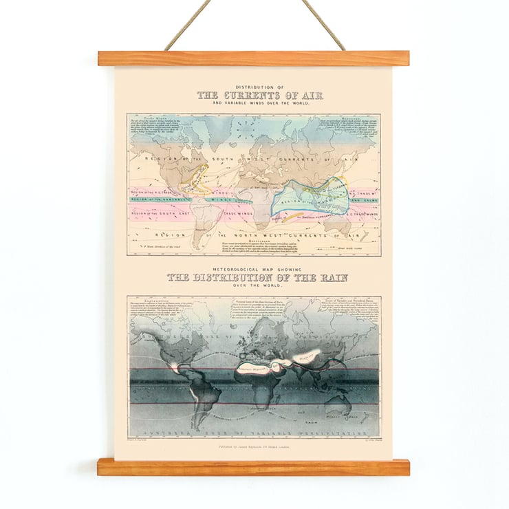 Distribution of the currents of air and variable winds over the world by James Reynolds artwork showing global wind patterns and rainfall distribution maps Poster depicting global air currents and variable winds by James Reynolds entitled Distribution of the currents of air.