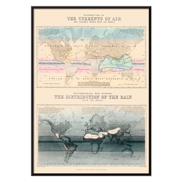 Distribution of the currents of air and variable winds over the world by James Reynolds artwork showing global wind patterns and rainfall distribution maps Poster depicting global air currents and variable winds by James Reynolds entitled Distribution of the currents of air.