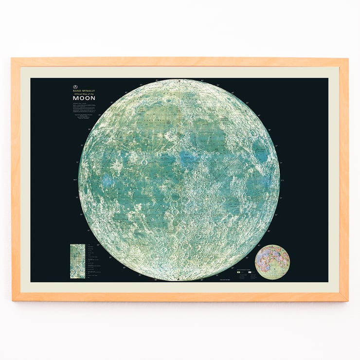 Map of the moon artwork by Rand McNally & Co showing lunar details and features Poster of lunar surface titled Map of the Moon by Rand McNally & Co showcasing detailed geographical features and craters.
