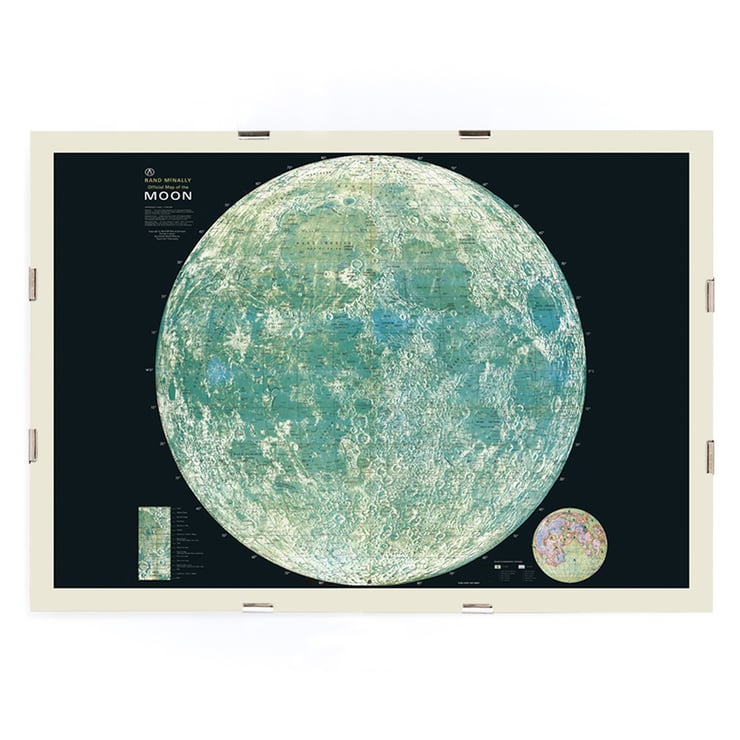 Map of the moon artwork by Rand McNally & Co showing lunar details and features Poster of lunar surface titled Map of the Moon by Rand McNally & Co showcasing detailed geographical features and craters.