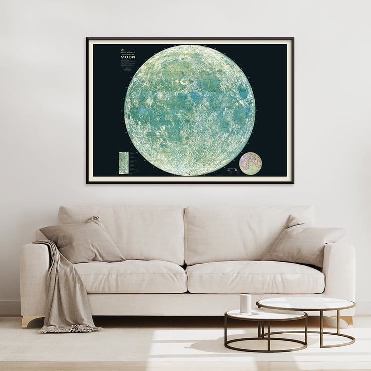 Map of the moon artwork by Rand McNally & Co showing lunar details and features Poster of lunar surface titled Map of the Moon by Rand McNally & Co showcasing detailed geographical features and craters.