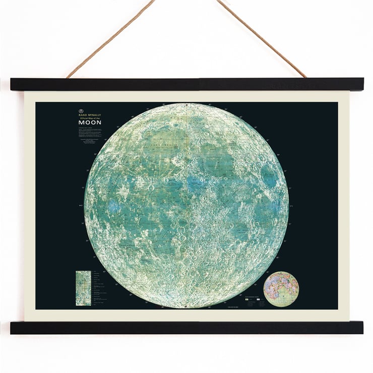 Map of the moon artwork by Rand McNally & Co showing lunar details and features Poster of lunar surface titled Map of the Moon by Rand McNally & Co showcasing detailed geographical features and craters.