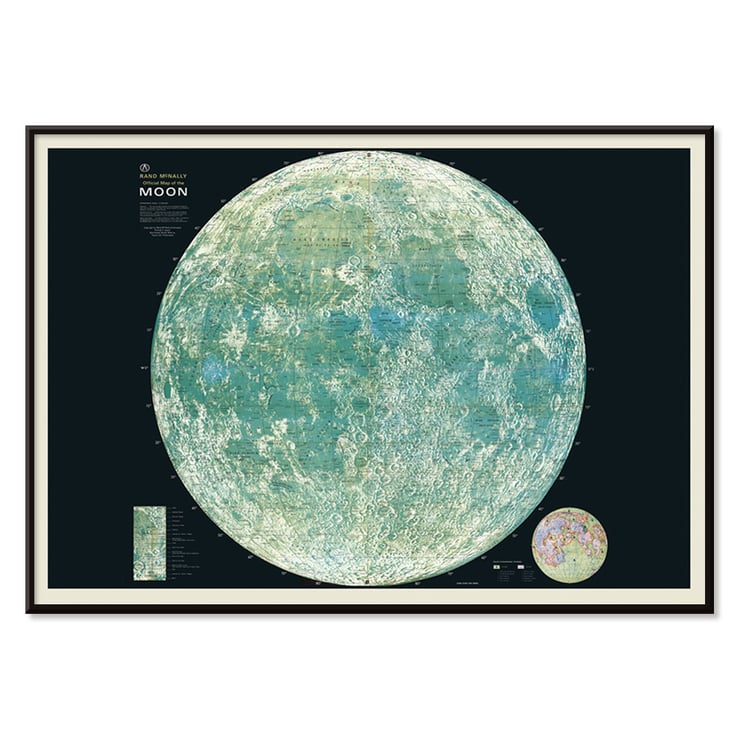 Map of the moon artwork by Rand McNally & Co showing lunar details and features Poster of lunar surface titled Map of the Moon by Rand McNally & Co showcasing detailed geographical features and craters.