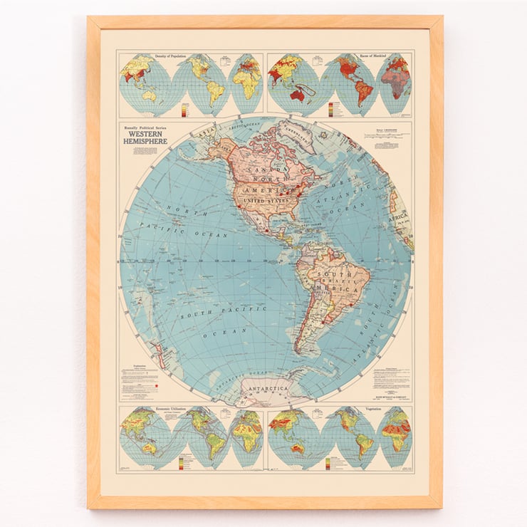 Western Hemisphere map by Rand McNally & Co featuring detailed continents and oceans. Poster of world map featuring the Western Hemisphere by Rand McNally & Co displaying political and geographic details.