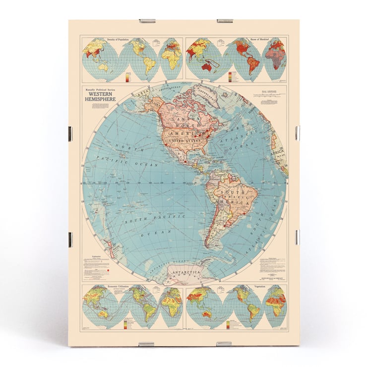 Western Hemisphere map by Rand McNally & Co featuring detailed continents and oceans. Poster of world map featuring the Western Hemisphere by Rand McNally & Co displaying political and geographic details.