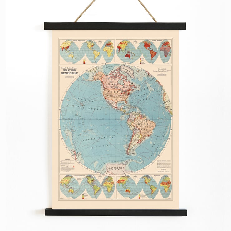 Western Hemisphere map by Rand McNally & Co featuring detailed continents and oceans. Poster of world map featuring the Western Hemisphere by Rand McNally & Co displaying political and geographic details.