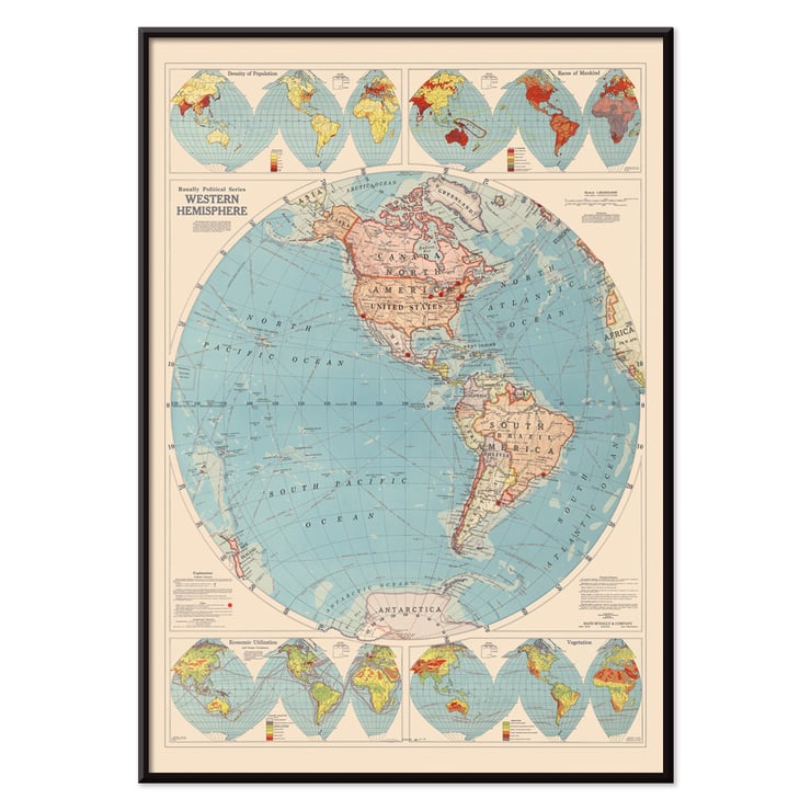 Western Hemisphere map by Rand McNally & Co featuring detailed continents and oceans. Poster of world map featuring the Western Hemisphere by Rand McNally & Co displaying political and geographic details.