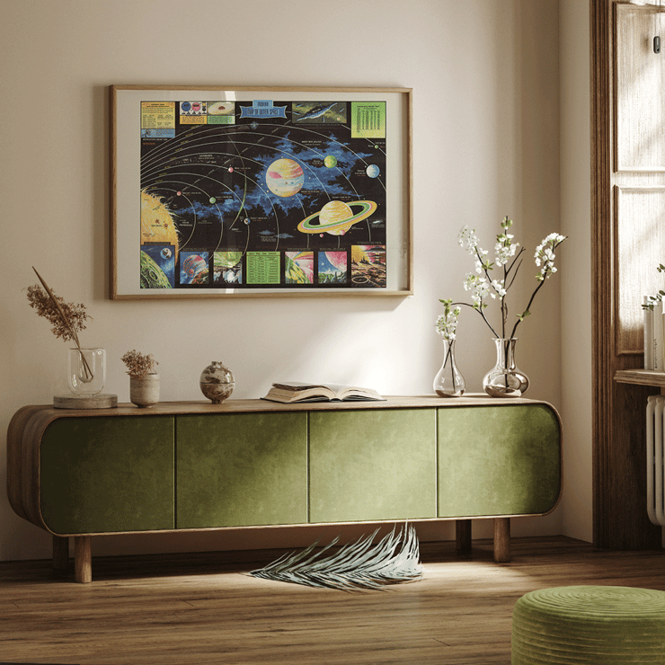 Map of Outer Space by Rand McNally & Co depicting planets and celestial bodies. Poster featuring planets and solar system illustration titled Map of Outer Space by Rand McNally & Co