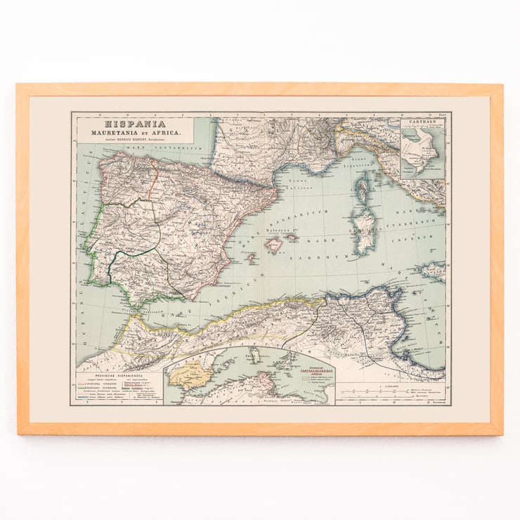 Map illustration of Hispania Mauretania and Africa by Kiepert Heinrich featuring detailed geographical features. Poster of a vintage map depicting regions of Hispania Mauretania and Africa by Kiepert Heinrich