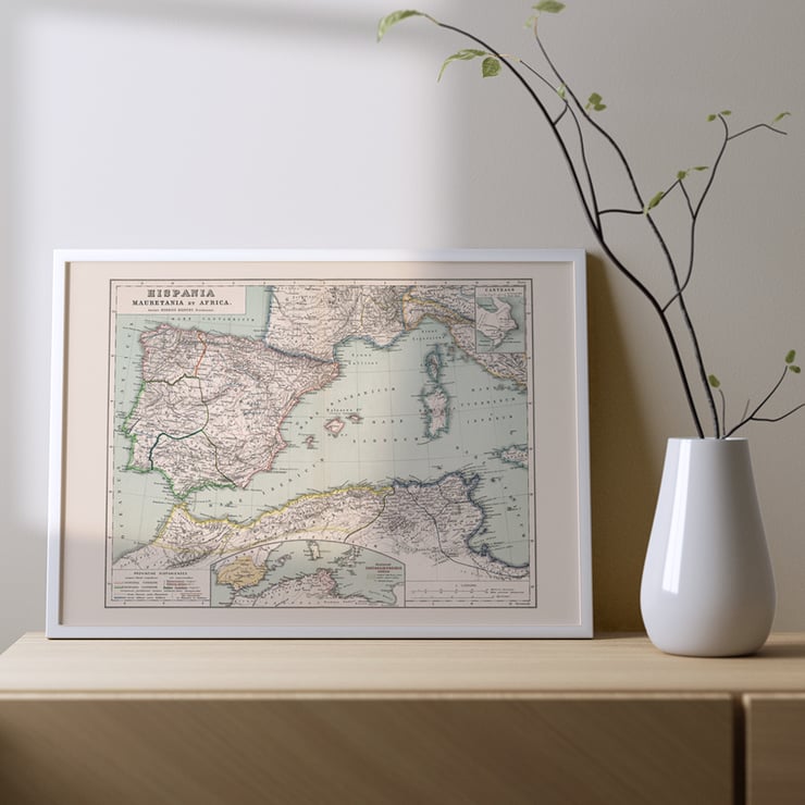 Map illustration of Hispania Mauretania and Africa by Kiepert Heinrich featuring detailed geographical features. Poster of a vintage map depicting regions of Hispania Mauretania and Africa by Kiepert Heinrich