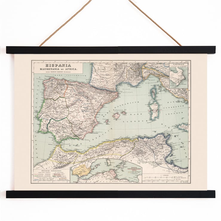 Map illustration of Hispania Mauretania and Africa by Kiepert Heinrich featuring detailed geographical features. Poster of a vintage map depicting regions of Hispania Mauretania and Africa by Kiepert Heinrich