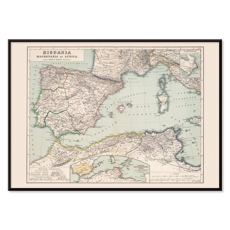 Map illustration of Hispania Mauretania and Africa by Kiepert Heinrich featuring detailed geographical features. Poster of a vintage map depicting regions of Hispania Mauretania and Africa by Kiepert Heinrich