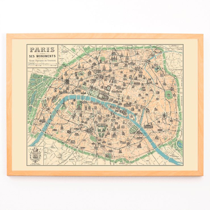 Vintage map of Paris from Paris Ses Monuments Guide Pratique Du Visiteur by Borremans F Poster of a vintage map of Paris detailing its monuments titled Paris Ses Monuments Guide Pratique Du Visiteur by Borremans F