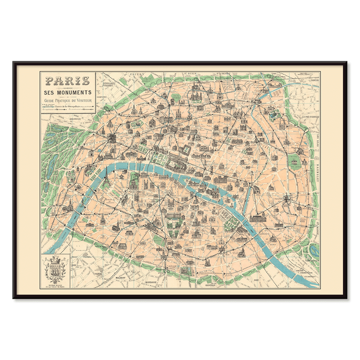 Vintage map of Paris from Paris Ses Monuments Guide Pratique Du Visiteur by Borremans F Poster of a vintage map of Paris detailing its monuments titled Paris Ses Monuments Guide Pratique Du Visiteur by Borremans F