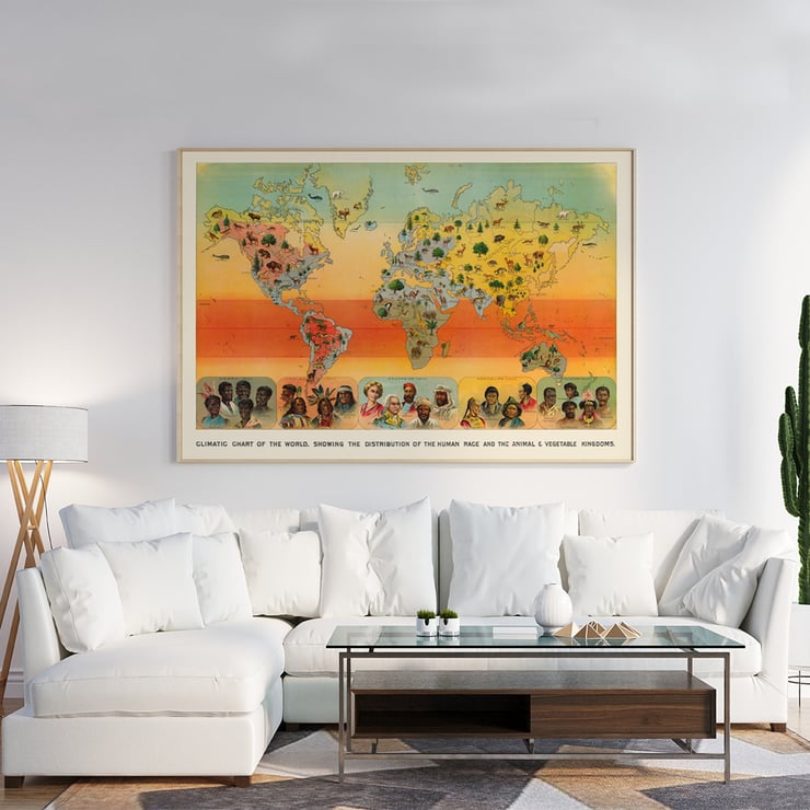 Climatic Chart of the World by Levi Walter Yaggy illustrating human race and animal-vegetable distribution. Poster titled Climatic Chart of the World by Levi Walter Yaggy depicting global distribution of humans animals and vegetation.