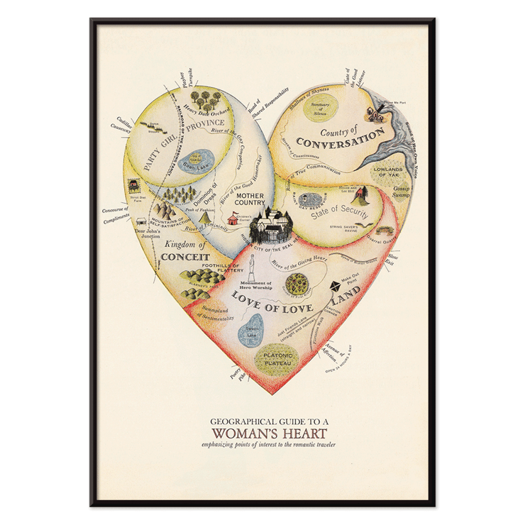 Heart-shaped map illustration Geographical Guide to a Woman's Heart by Jo Lowery. Poster titled Geographical Guide to a Womans Heart by Jo Lowery depicts a whimsical map of emotions in the shape of a heart.