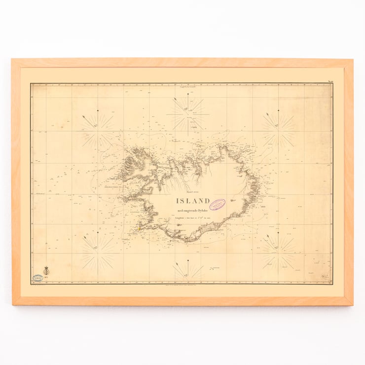 Map of Iceland with Surrounding Depths by Kongelige Danske Søkort-Arkiv showing geographic details and coastal features Poster of Iceland map with depths by Kongelige Danske Søkort-Arkiv titled Map of Iceland with Surrounding Depths