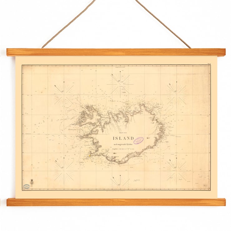 Map of Iceland with Surrounding Depths by Kongelige Danske Søkort-Arkiv showing geographic details and coastal features Poster of Iceland map with depths by Kongelige Danske Søkort-Arkiv titled Map of Iceland with Surrounding Depths