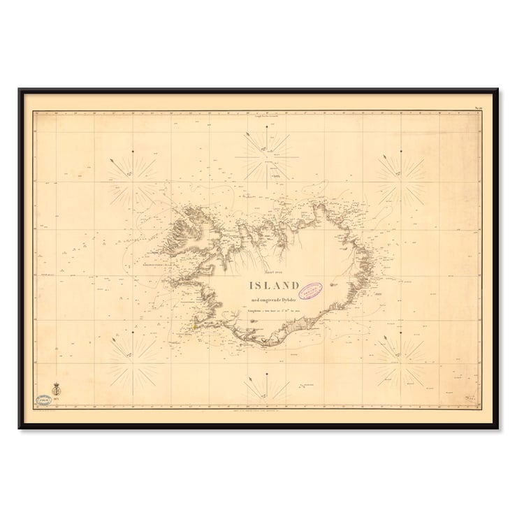 Map of Iceland with Surrounding Depths by Kongelige Danske Søkort-Arkiv showing geographic details and coastal features Poster of Iceland map with depths by Kongelige Danske Søkort-Arkiv titled Map of Iceland with Surrounding Depths