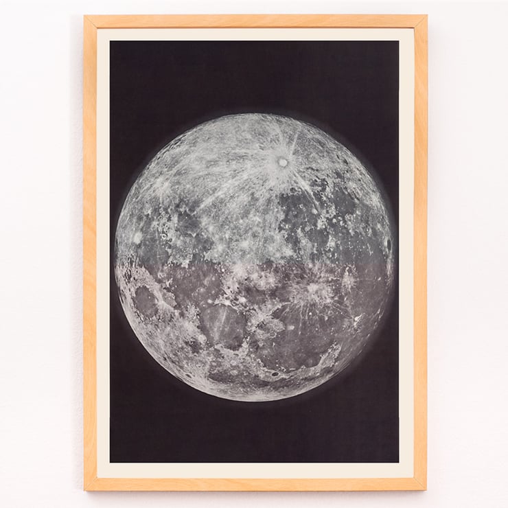 Photograph of the moon by Gerard Kuiper showcasing lunar surface details. Poster of the moon showing its surface details Photograph of the moon by Gerard Kuiper framed in black and white border