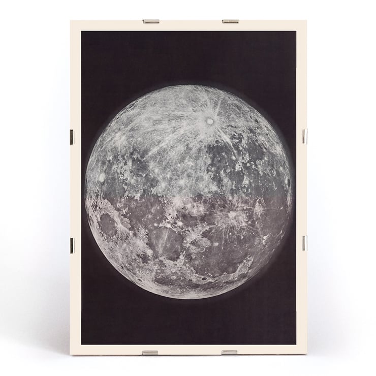 Photograph of the moon by Gerard Kuiper showcasing lunar surface details. Poster of the moon showing its surface details Photograph of the moon by Gerard Kuiper framed in black and white border