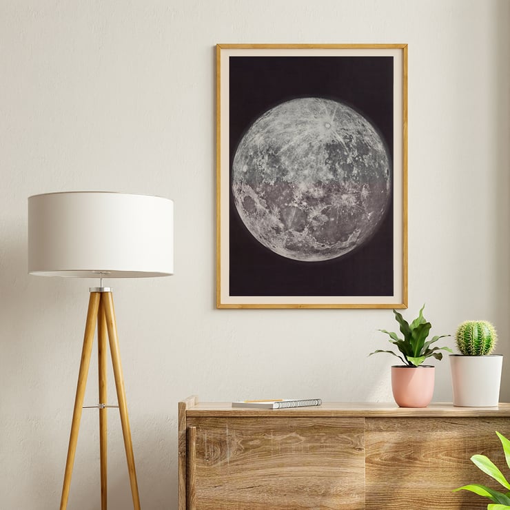 Photograph of the moon by Gerard Kuiper showcasing lunar surface details. Poster of the moon showing its surface details Photograph of the moon by Gerard Kuiper framed in black and white border