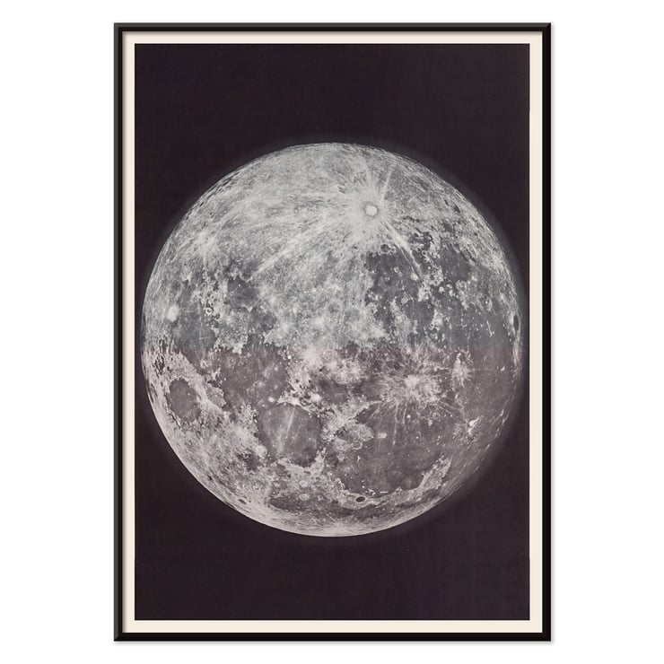 Photograph of the moon by Gerard Kuiper showcasing lunar surface details. Poster of the moon showing its surface details Photograph of the moon by Gerard Kuiper framed in black and white border