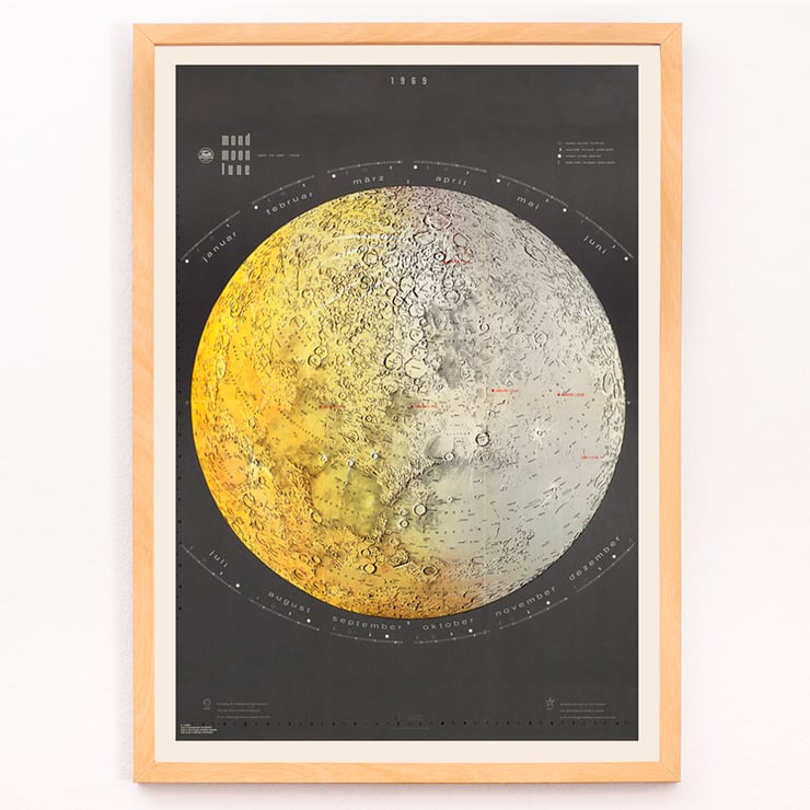 Illustrated lunar surface map by Falk-Verlag titled Moon Map Poster titled Moon Map by Falk-Verlag featuring a detailed lunar surface illustration with months labeled in German.
