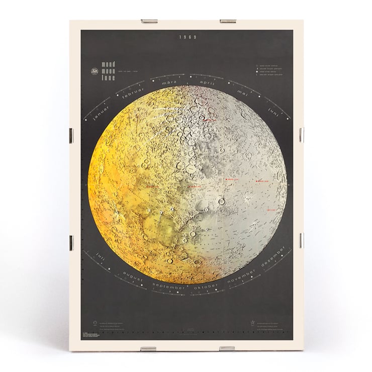 Illustrated lunar surface map by Falk-Verlag titled Moon Map Poster titled Moon Map by Falk-Verlag featuring a detailed lunar surface illustration with months labeled in German.
