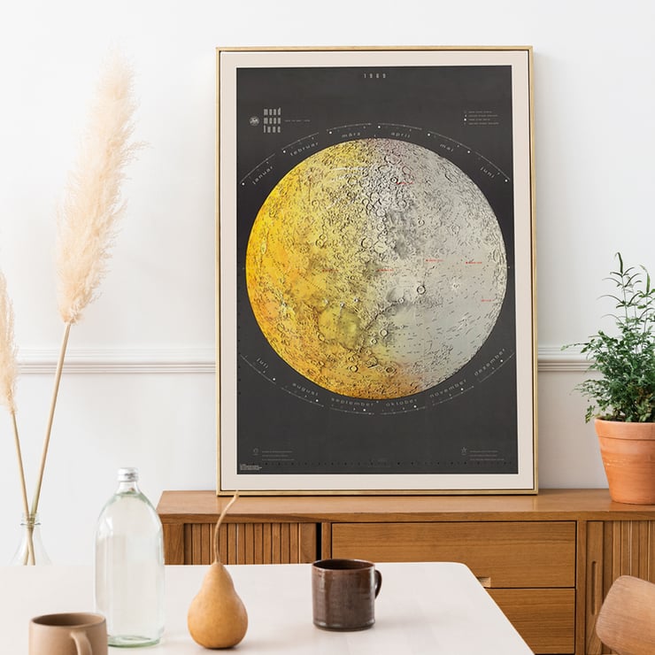 Illustrated lunar surface map by Falk-Verlag titled Moon Map Poster titled Moon Map by Falk-Verlag featuring a detailed lunar surface illustration with months labeled in German.