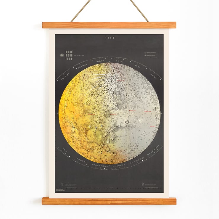 Illustrated lunar surface map by Falk-Verlag titled Moon Map Poster titled Moon Map by Falk-Verlag featuring a detailed lunar surface illustration with months labeled in German.