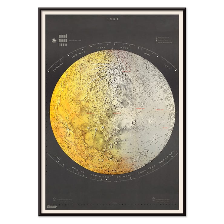 Illustrated lunar surface map by Falk-Verlag titled Moon Map Poster titled Moon Map by Falk-Verlag featuring a detailed lunar surface illustration with months labeled in German.