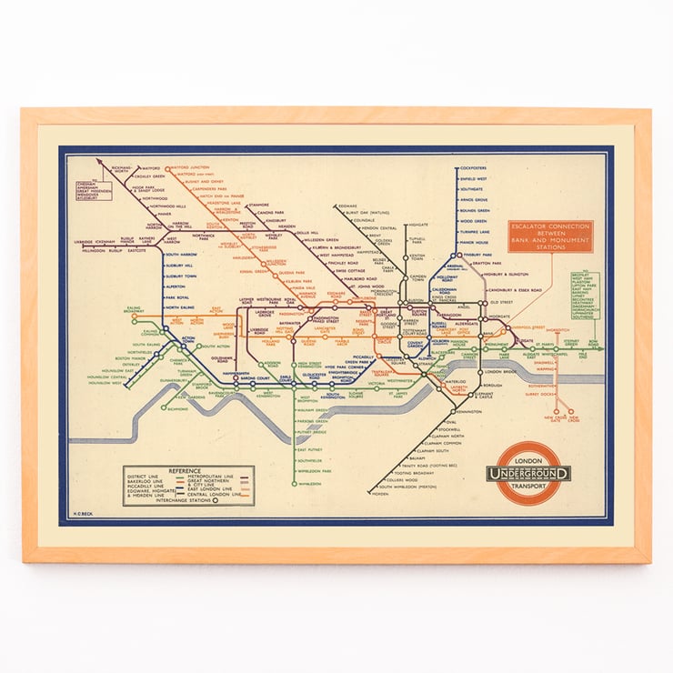 Vintage London Underground map artwork by London Transport titled London Underground Transport. Poster of a vintage London Underground map by London Transport with colorful lines and station names in a classic design.