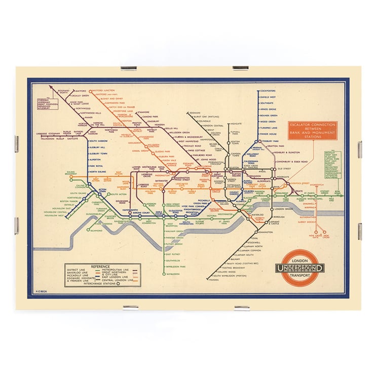 Vintage London Underground map artwork by London Transport titled London Underground Transport. Poster of a vintage London Underground map by London Transport with colorful lines and station names in a classic design.