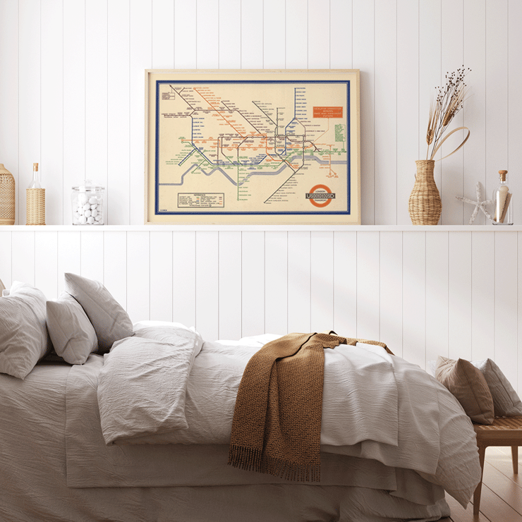 Vintage London Underground map artwork by London Transport titled London Underground Transport. Poster of a vintage London Underground map by London Transport with colorful lines and station names in a classic design.